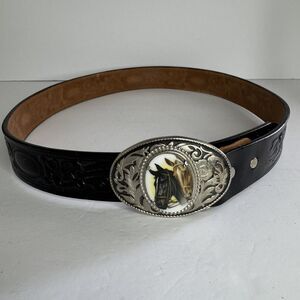 Vintage Looper Belt Embossed Black Horse Hook Hinge Cabochon Western Cowboy 38